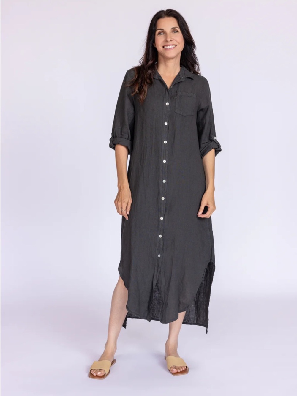 STITCH + FEATHER Women’s Long Sleeve Button-Front Dress in Charcoal